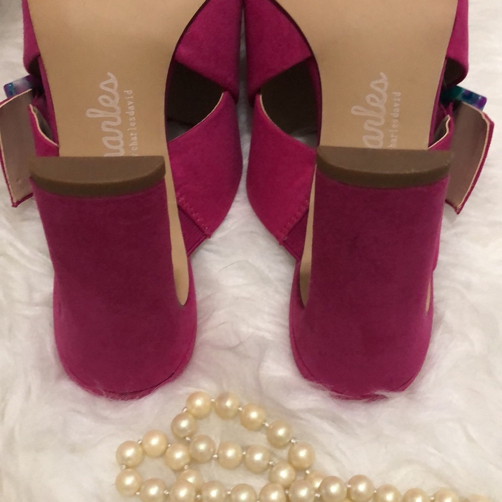 CHARLES DAVID • Gorgeous Pink Open Toe Pumps with Colorful Buckle Detail Accent - Picture 8 of 13